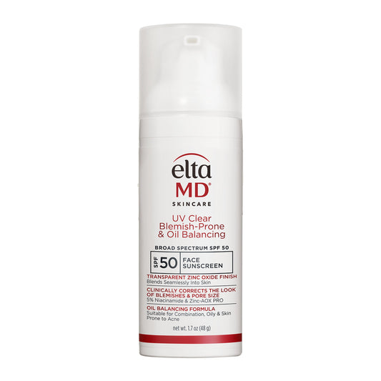 EltaMD UV Clear Blemish-Prone & Oil Balancing SPF 50 skincare bottle on a white background