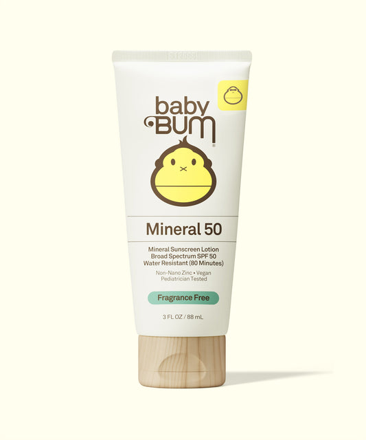 Tube of Baby Bum Mineral SPF 50 Sunscreen Lotion with yellow baby face logo and wooden-texture cap