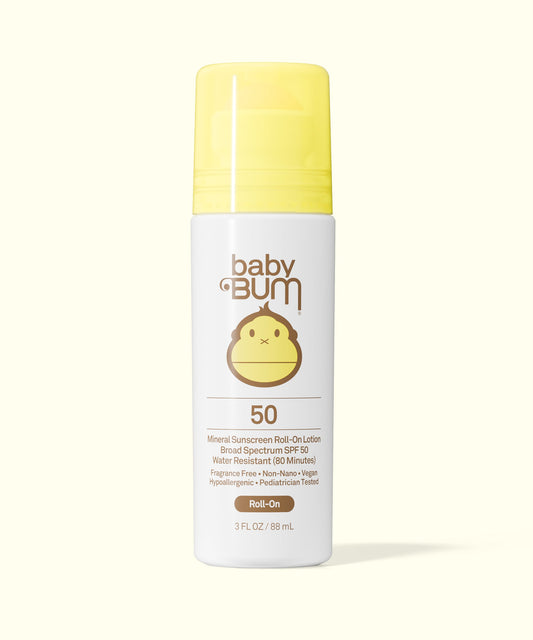 Sun Bum Baby Bum SPF 50 sunscreen roll-on lotion with yellow cap for easy application on kids