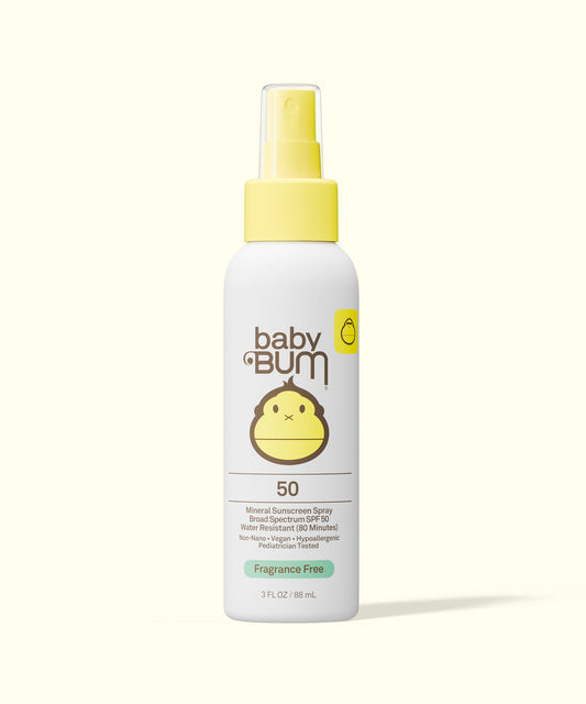 Baby Bum SPF 50 mineral sunscreen spray by Sun Bum with yellow cap and monkey logo on white bottle