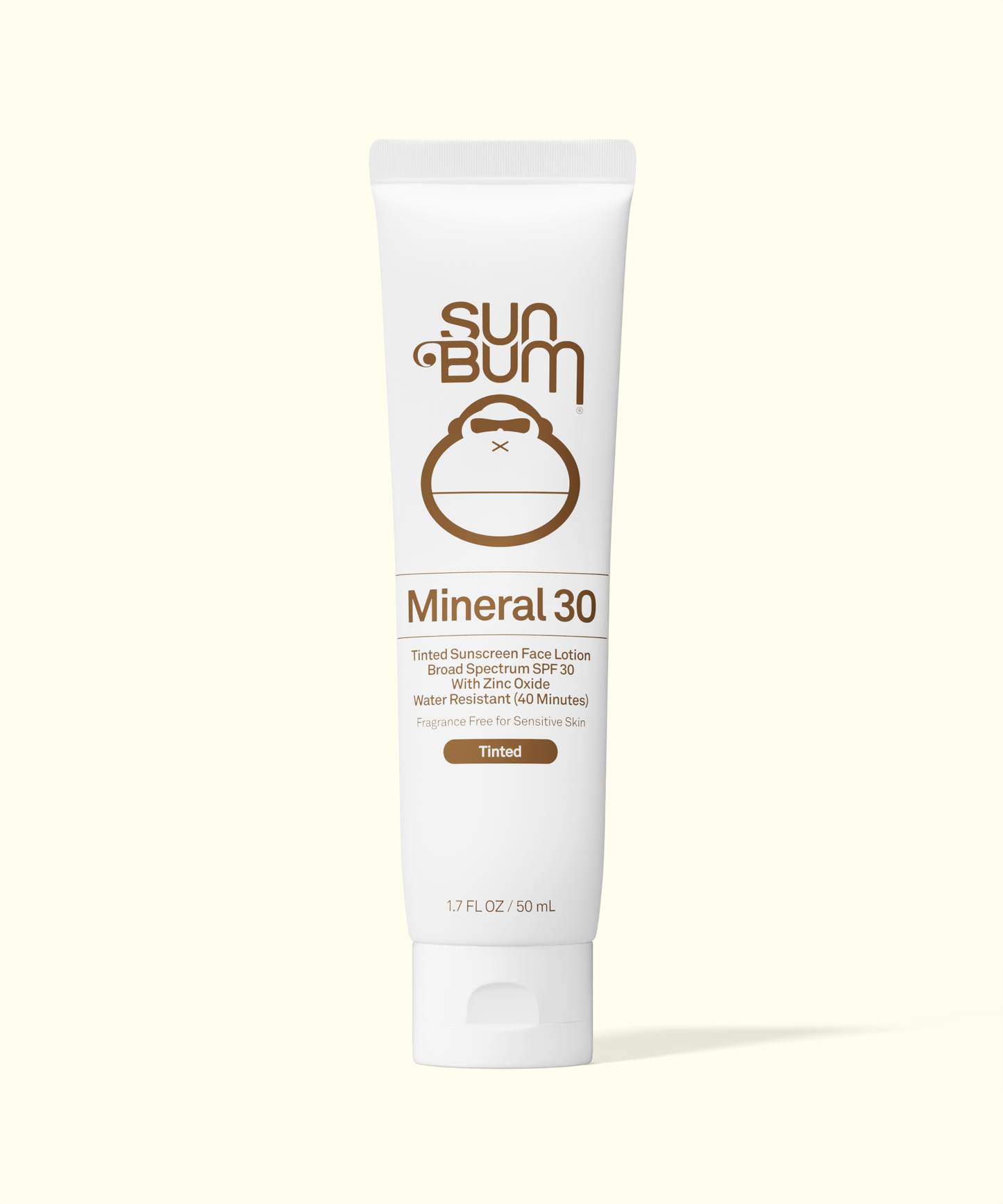 Sun Bum Mineral 30 sunscreen lotion tube on a beige background