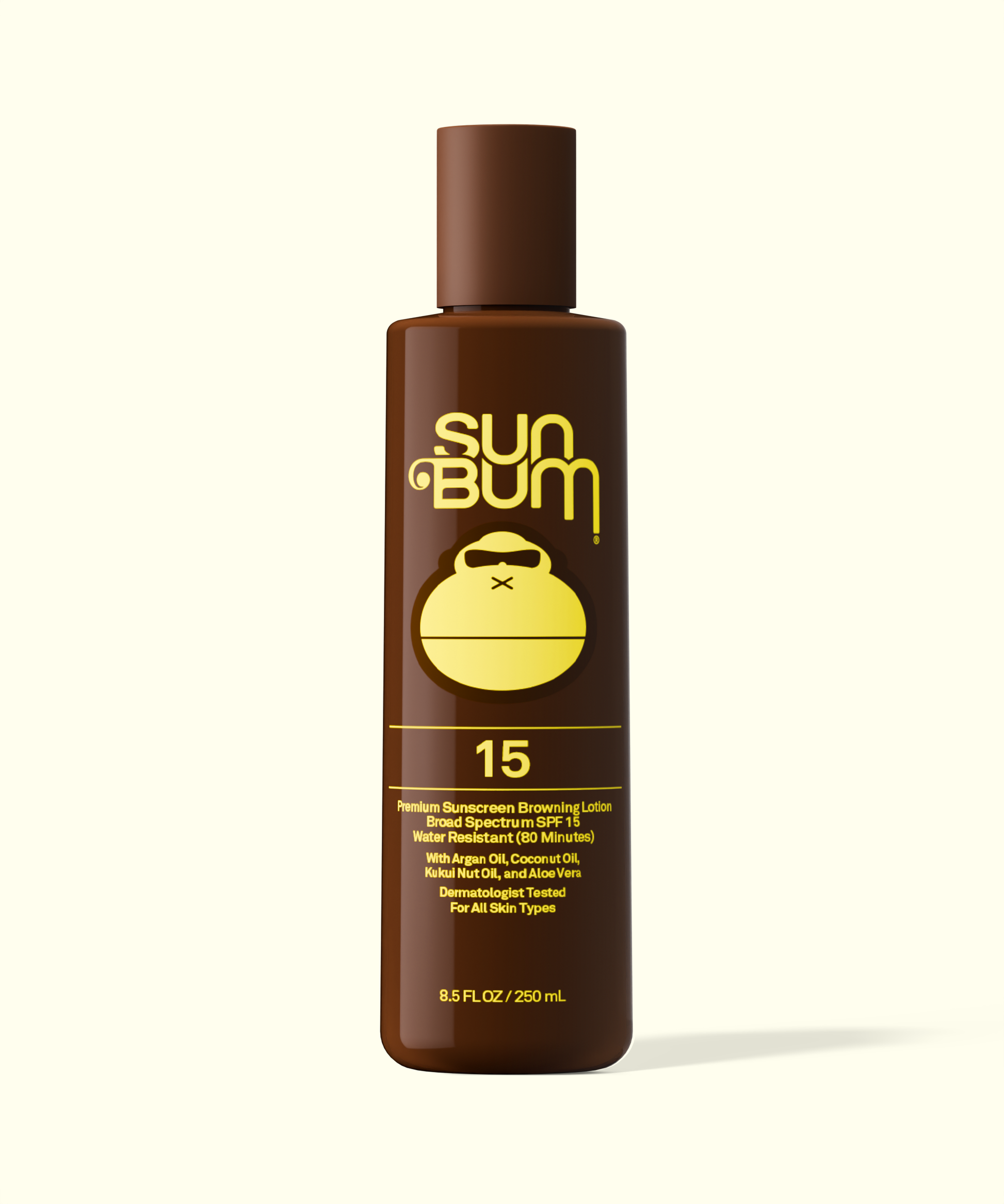 Sun Bum Tanning lotion SPF 15 in brown bottle with yellow logo and text, 8.5 fl oz size