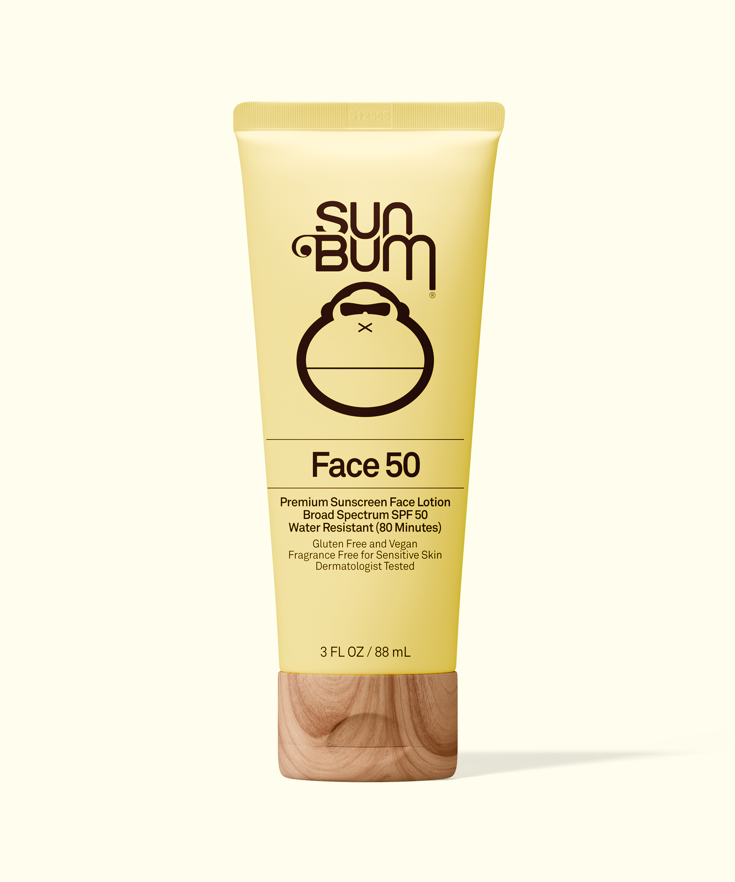 Sun Bum Original Face SPF 50 sunscreen lotion in yellow tube with wood-textured cap for sun protection
