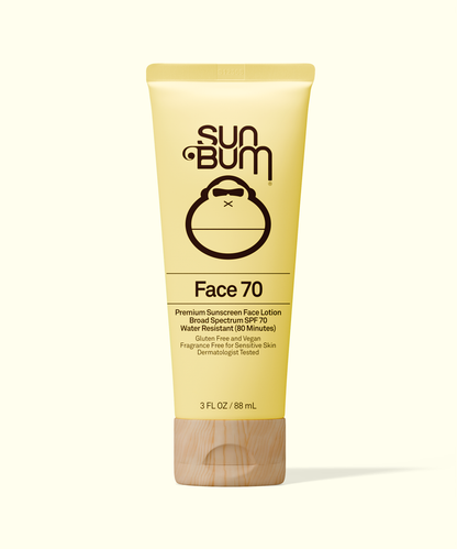 Sun Bum Original Face SPF 70 premium sunscreen lotion with water resistance in a yellow tube with wooden cap