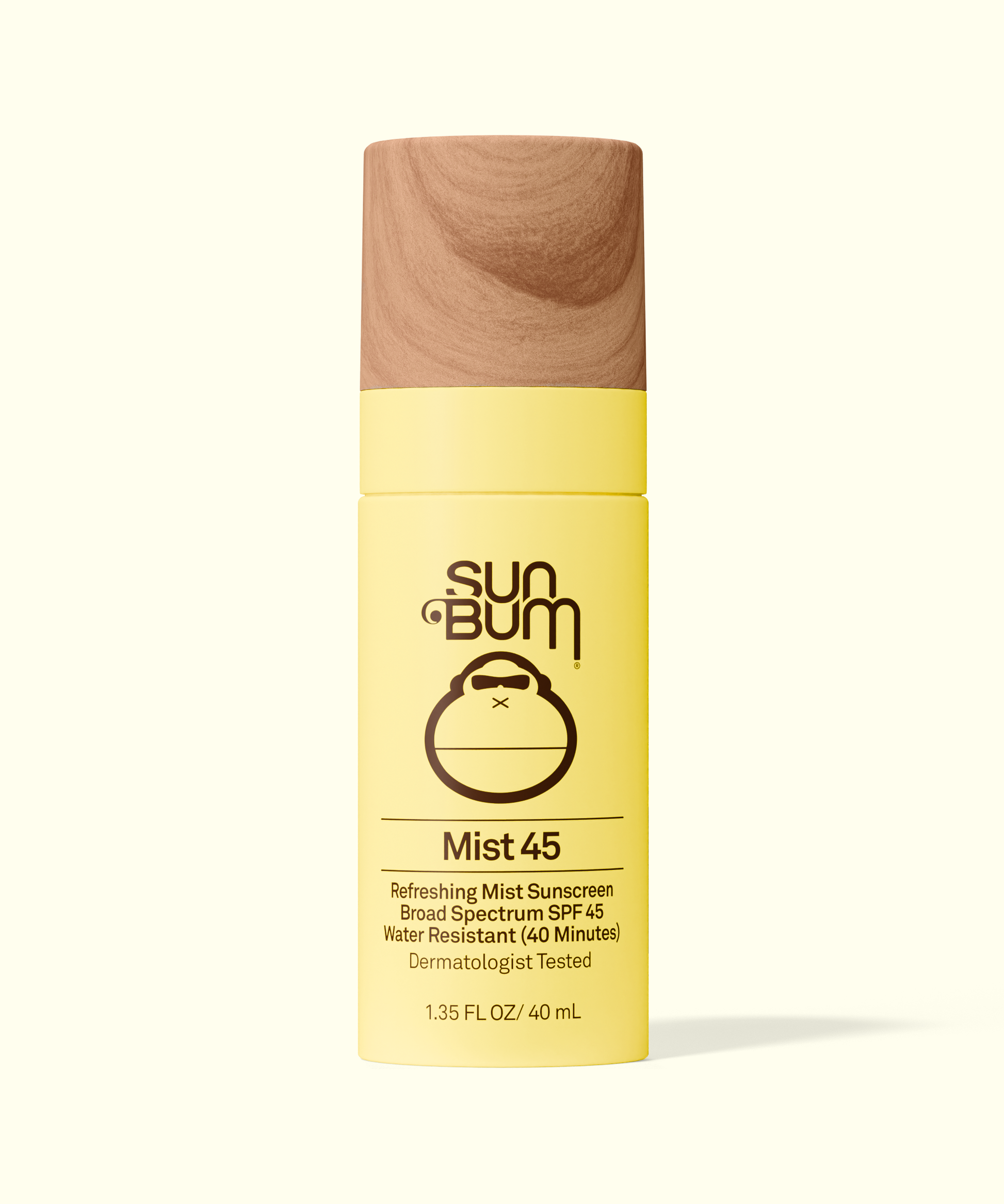Sun Bum Original SPF 45 Sunscreen Face Mist in yellow bottle with wood-textured cap, 1.35 fl oz size