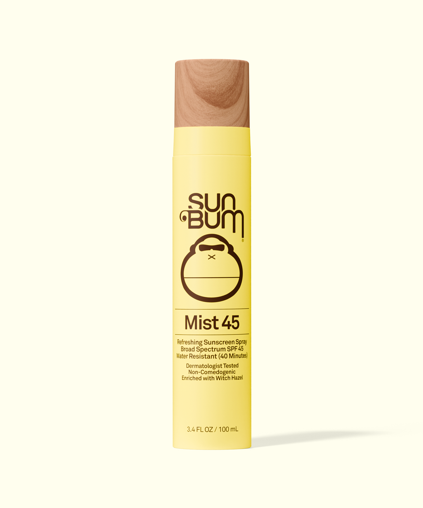 Sun Bum Original SPF 45 Sunscreen Face Mist in yellow bottle with wooden cap, protective and refreshing spray.