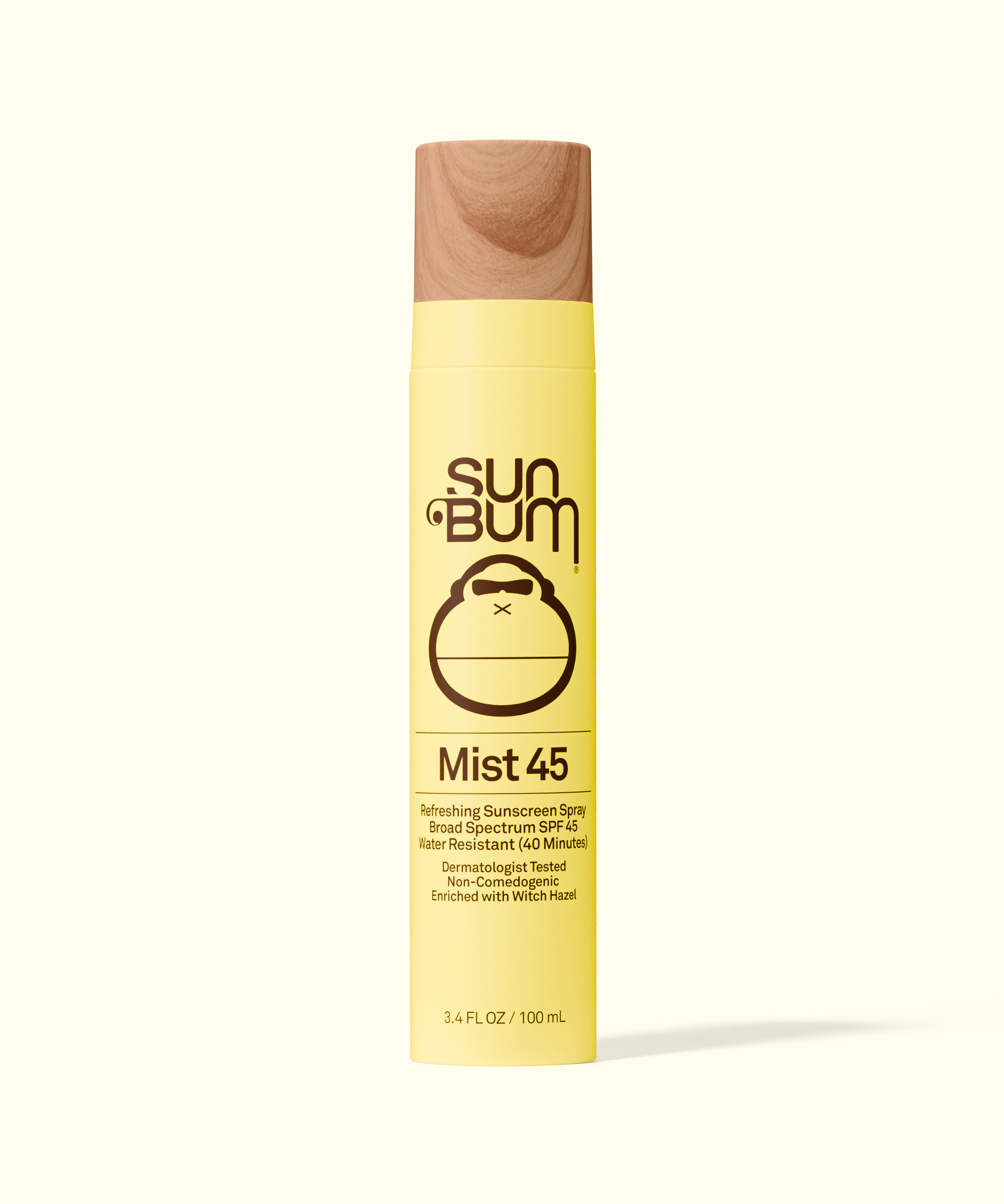 Sun Bum Original SPF 45 Sunscreen Face Mist in yellow bottle with wooden cap, protective and refreshing spray.