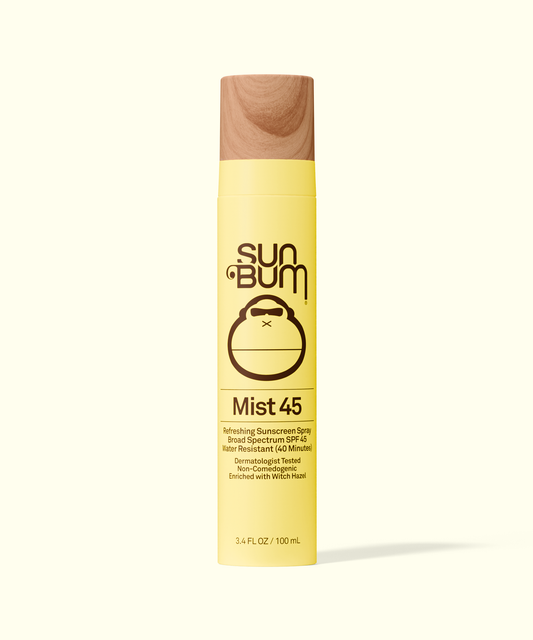 Sun Bum Original SPF 45 Sunscreen Face Mist in yellow bottle with wooden cap, protective and refreshing spray.