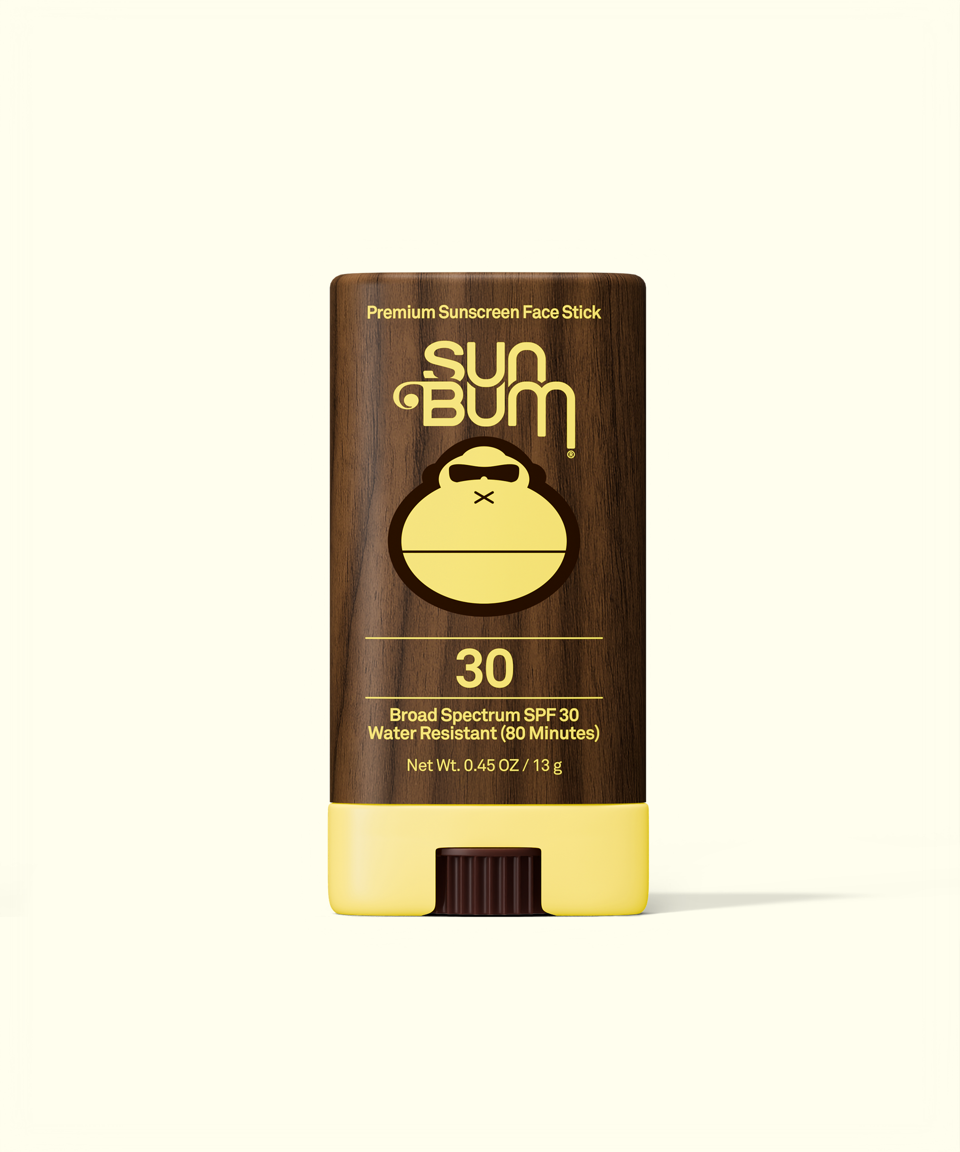 Sun Bum Original Face sunscreen stick with SPF 30 in brown and yellow packaging against a light background