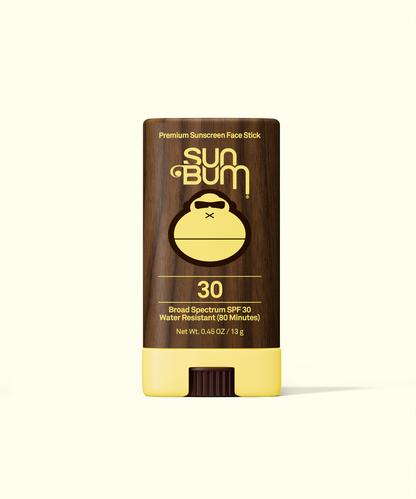 Sun Bum Original Face sunscreen stick with SPF 30 in brown and yellow packaging against a light background