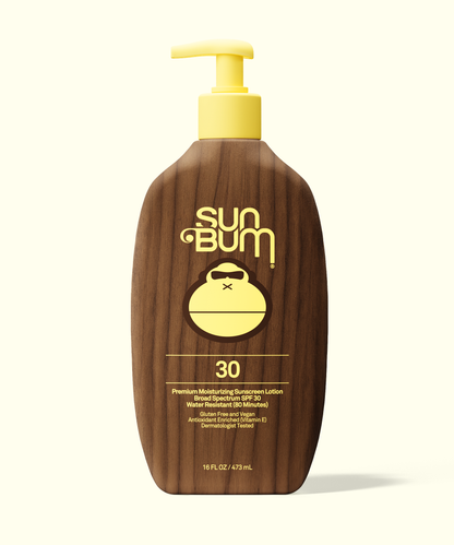 Sun Bum Original SPF 30 Sunscreen Lotion in a wood-textured bottle with yellow pump dispenser on light background