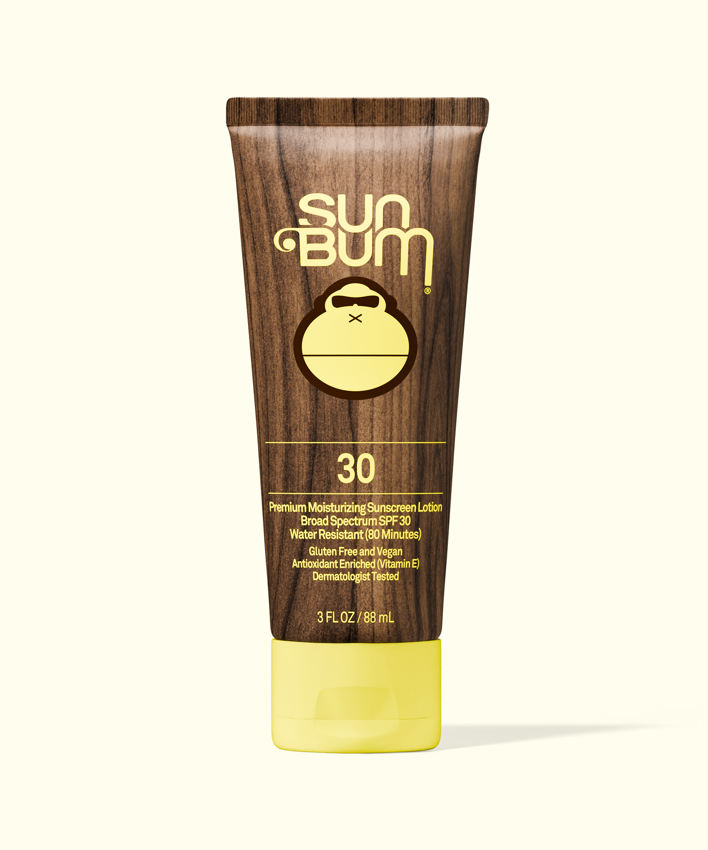 Sun Bum Original SPF 30 Sunscreen Lotion in a brown and yellow moisturizing lotion tube.