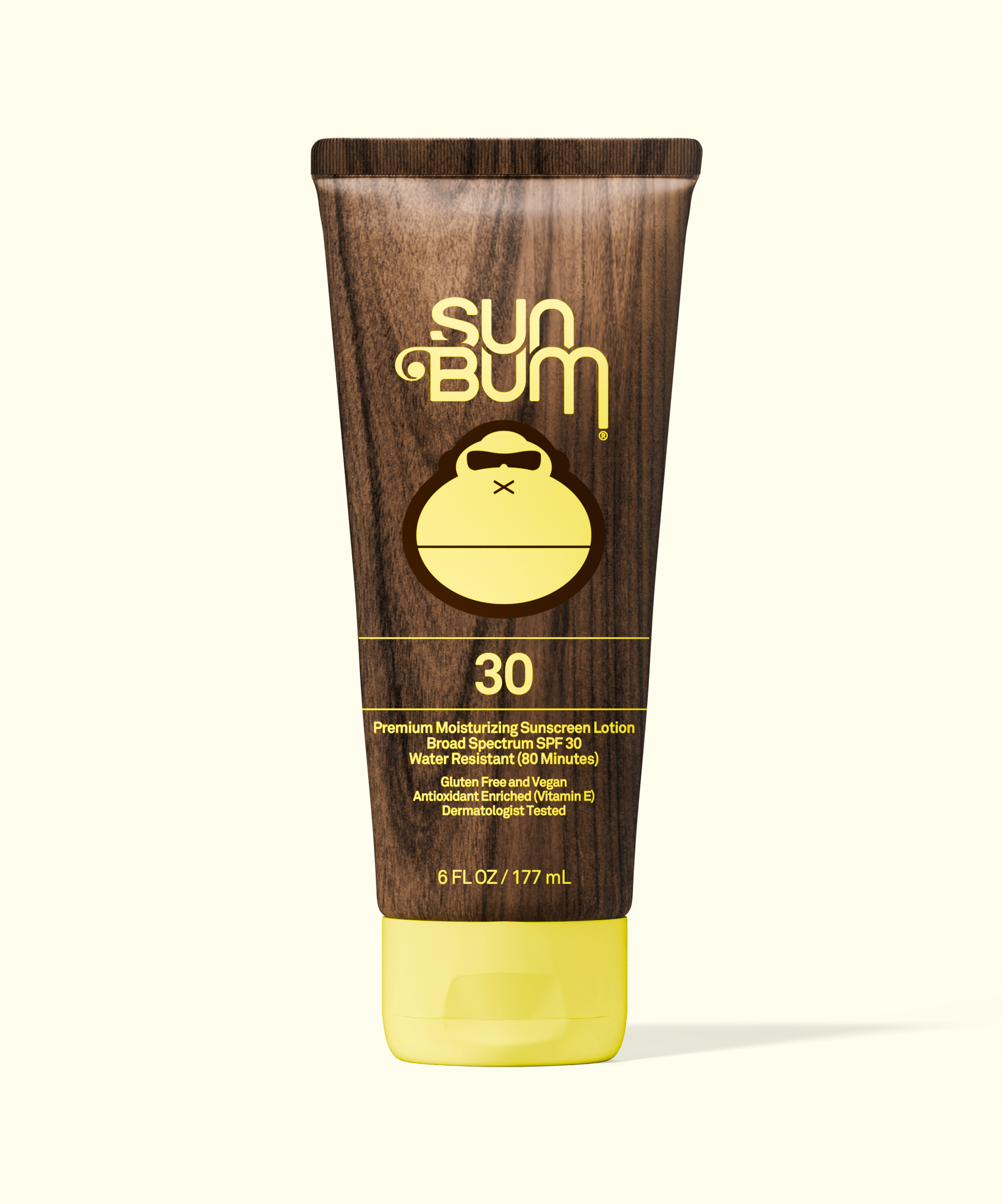 Sun Bum Original SPF 30 Sunscreen Lotion in a brown wood-grain tube with yellow cap and logo display