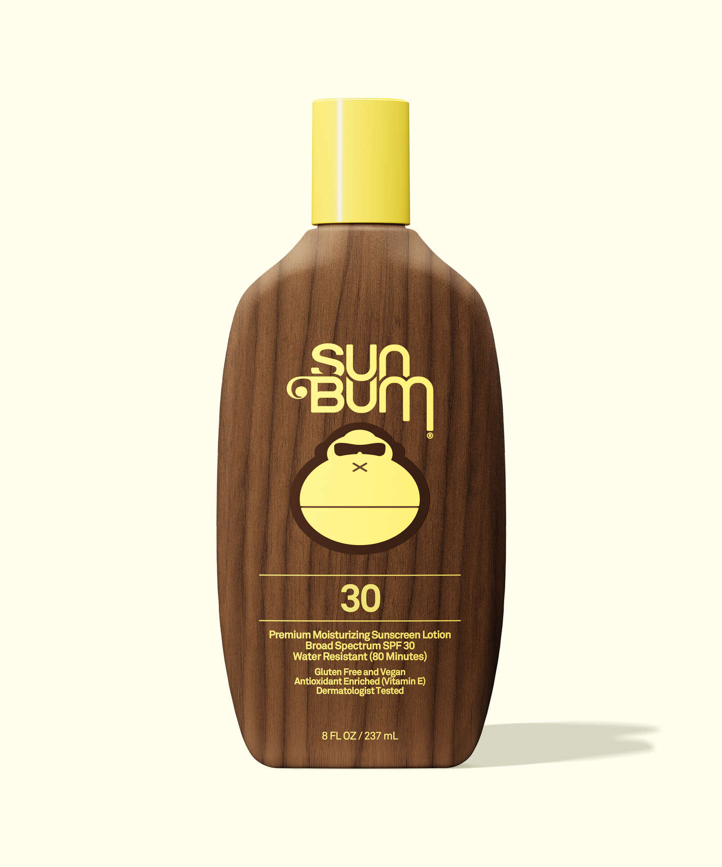 Sun Bum Original moisturizing sunscreen lotion SPF 30 with yellow cap in wood-textured bottle