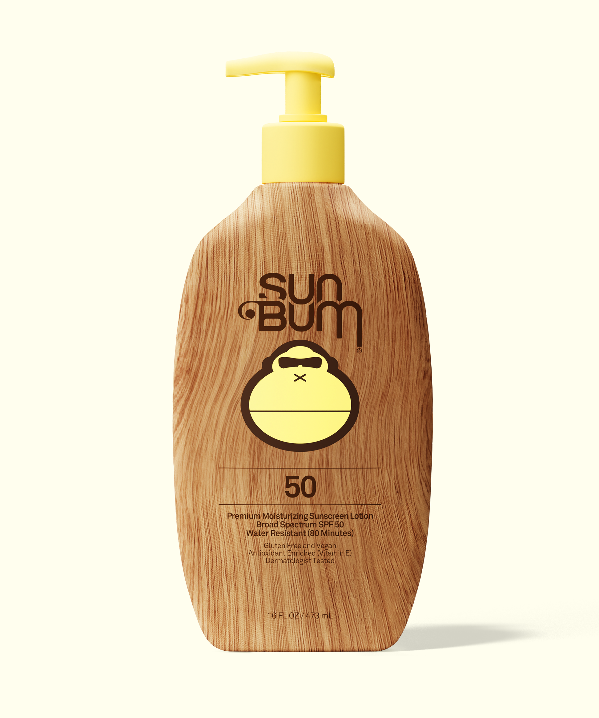 Sun Bum Original SPF 50 Sunscreen Lotion in a wood-textured pump bottle for moisturizing sun protection