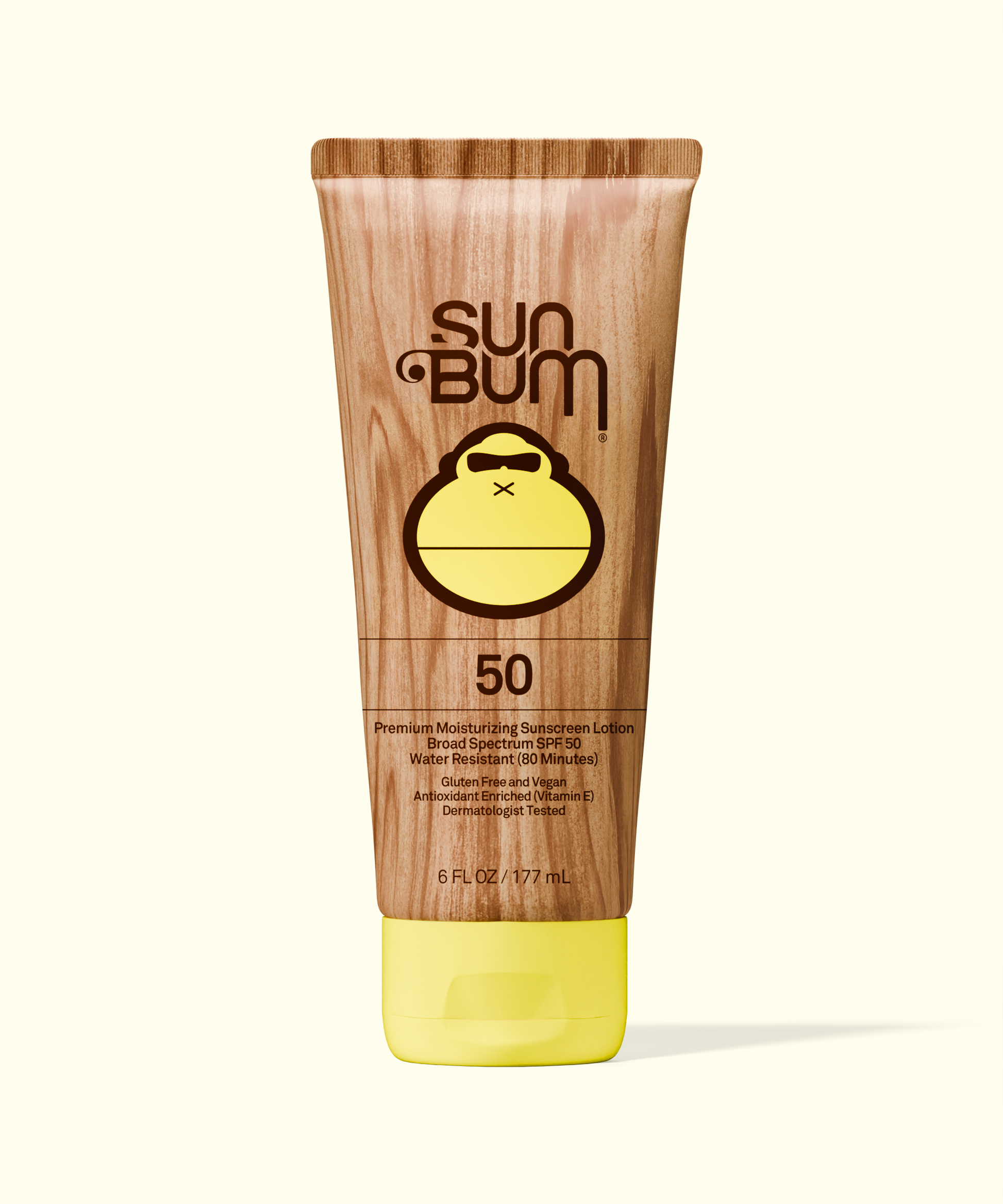 Sun Bum Original SPF 50 Sunscreen Lotion in a wood-textured tube with yellow cap, 6 fl oz size.