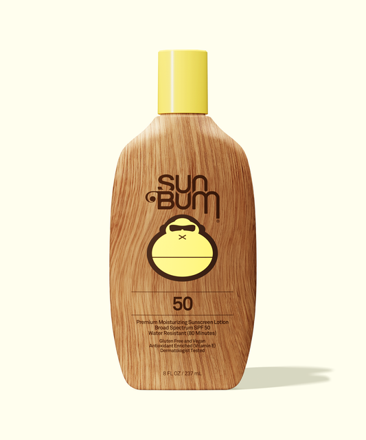 Sun Bum Original SPF 50 Sunscreen Lotion in a wood-textured bottle with a yellow cap against a light background