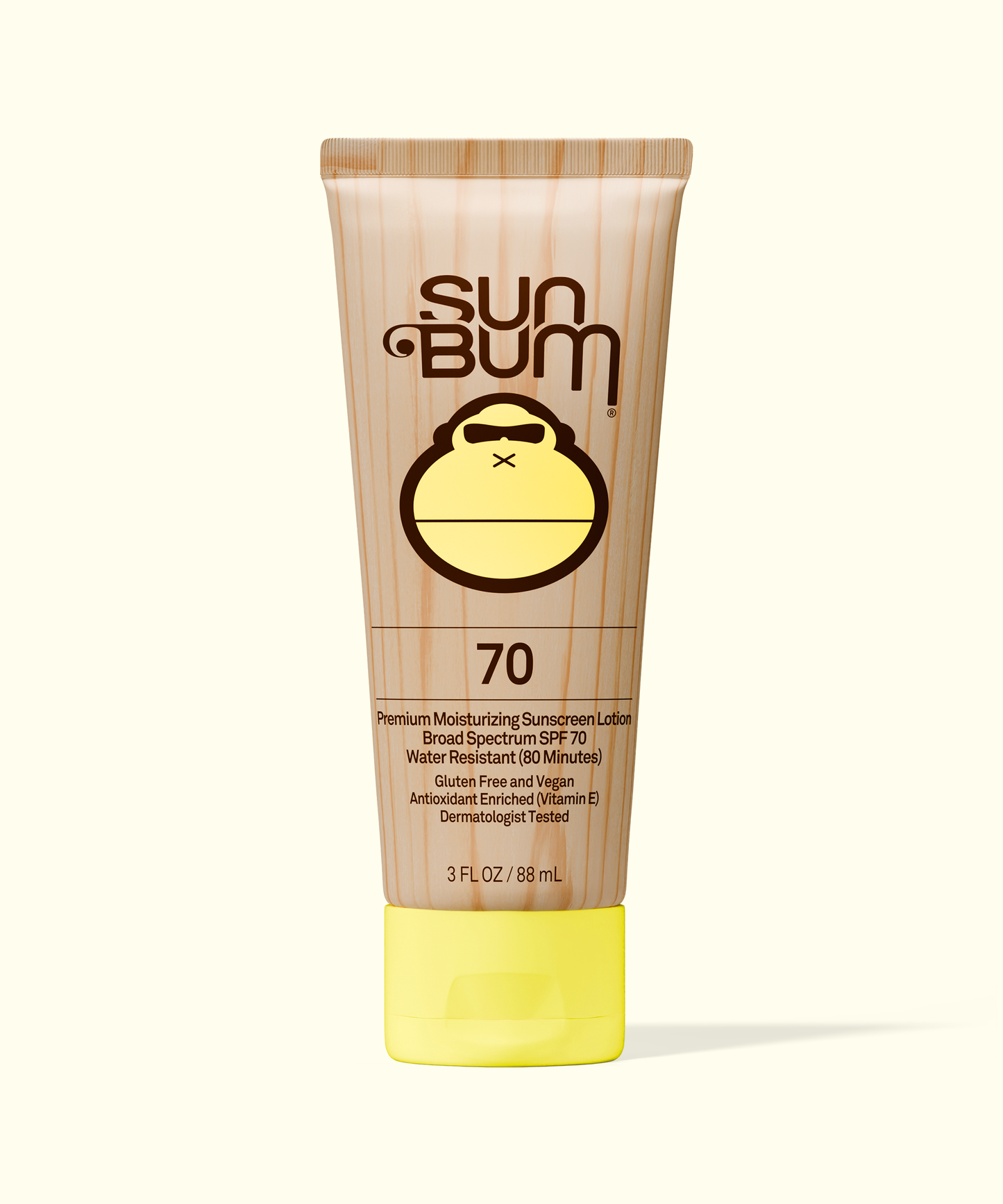 Sun Bum Original SPF 70 Sunscreen Lotion in beige tube with yellow cap, moisturizing and water resistant formula