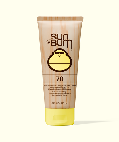 Sun Bum Original SPF 70 Sunscreen Lotion in a beige tube with yellow cap, moisturizer and broad spectrum protection.