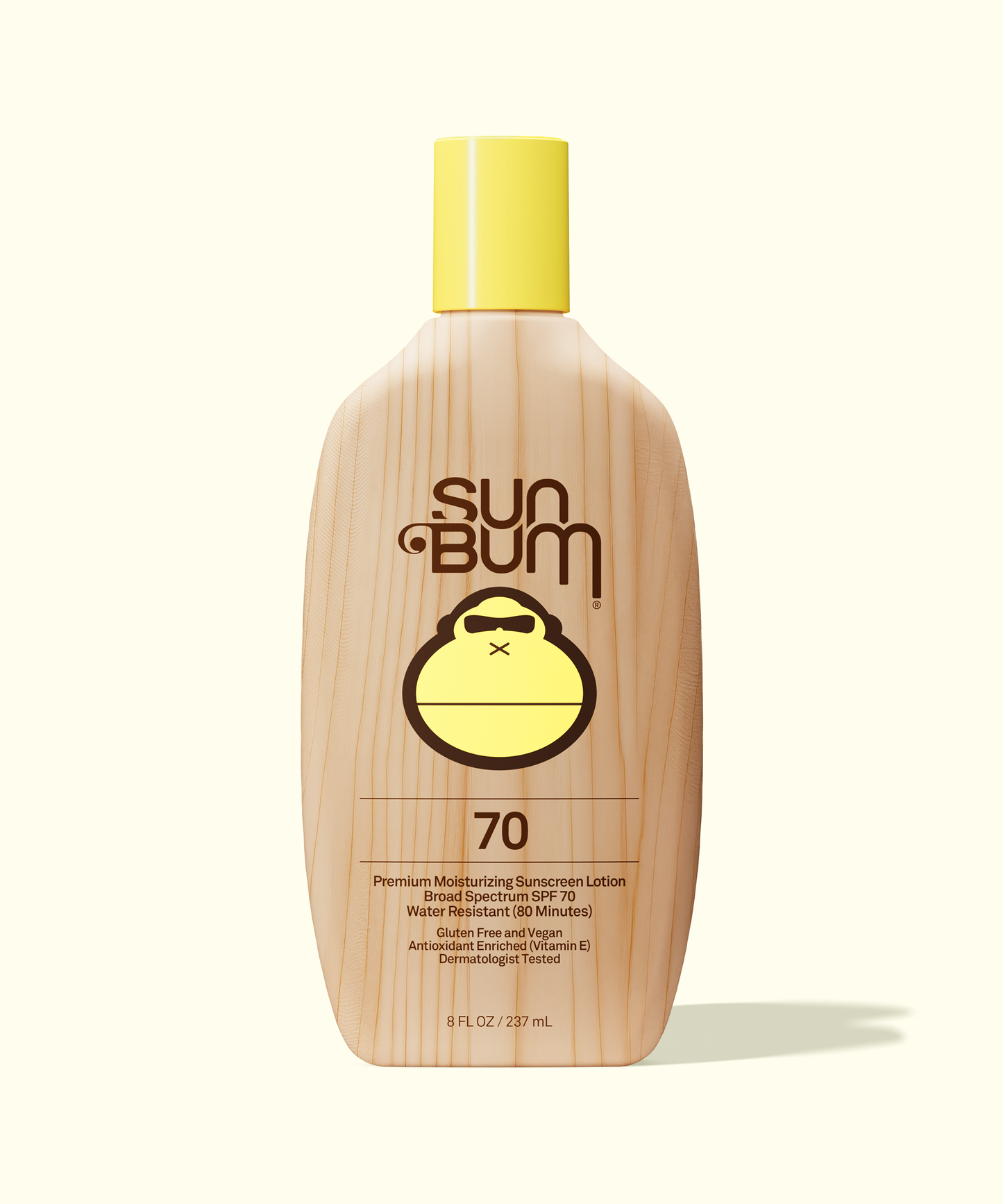 Sun Bum Original SPF 70 moisturizing sunscreen lotion in a wood-textured bottle with yellow cap and logo