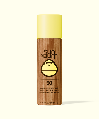 Original Face Sun Bum sunscreen face stick with SPF 50 in yellow cap and wood-textured container