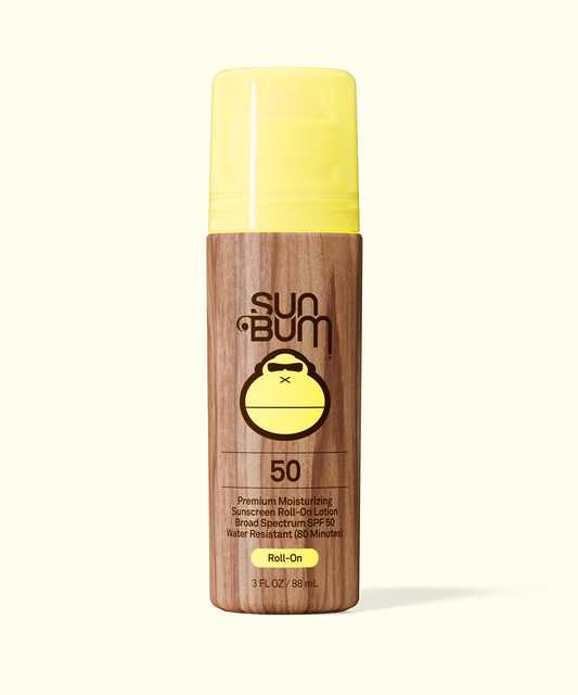 Sun Bum Original SPF 50 Sunscreen Roll-On Lotion with yellow cap and wood-textured bottle design