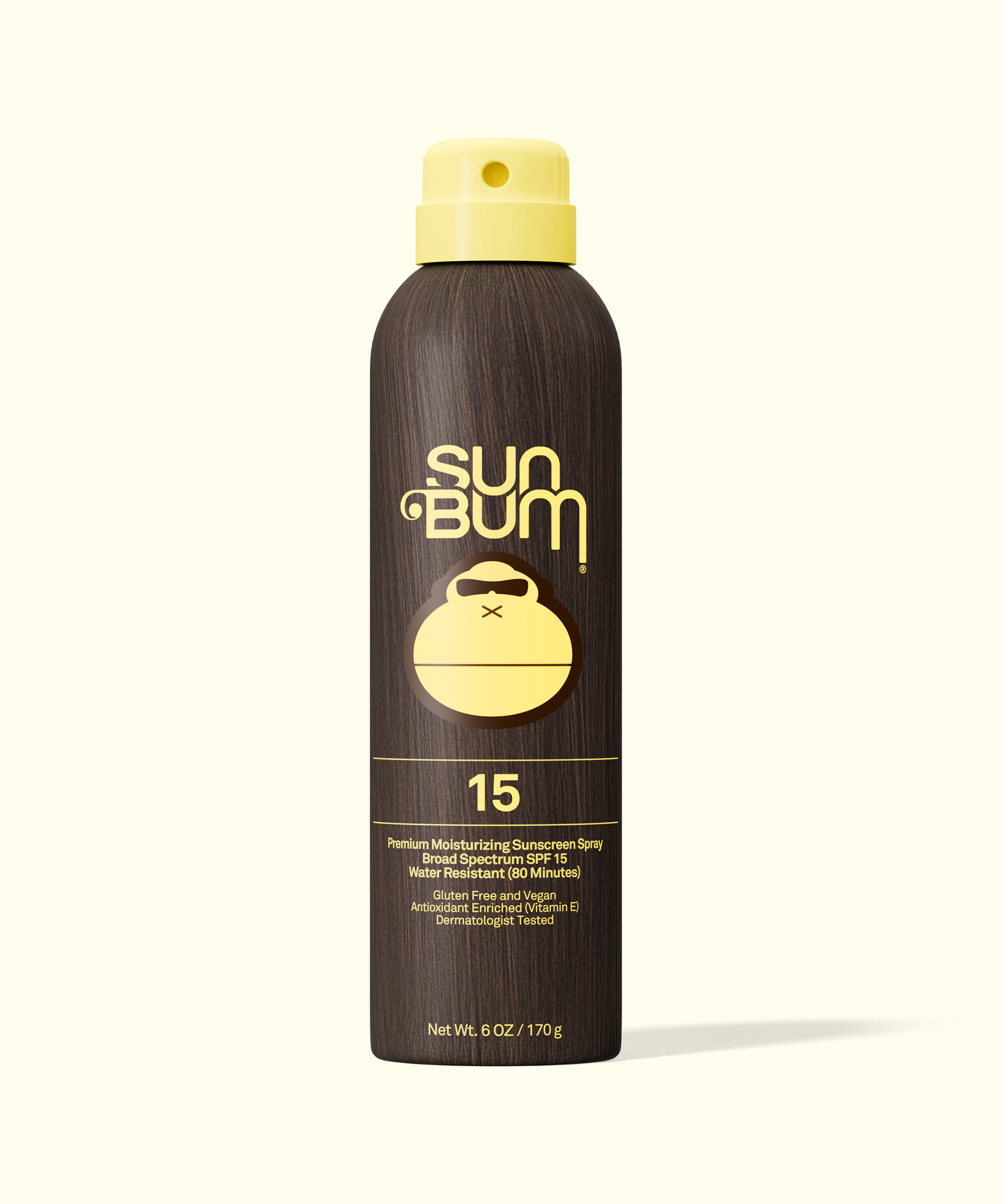 Sun Bum Original moisturizing sunscreen spray with SPF 15 in a brown and yellow bottle
