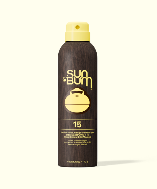 Sun Bum Original moisturizing sunscreen spray with SPF 15 in a brown and yellow bottle
