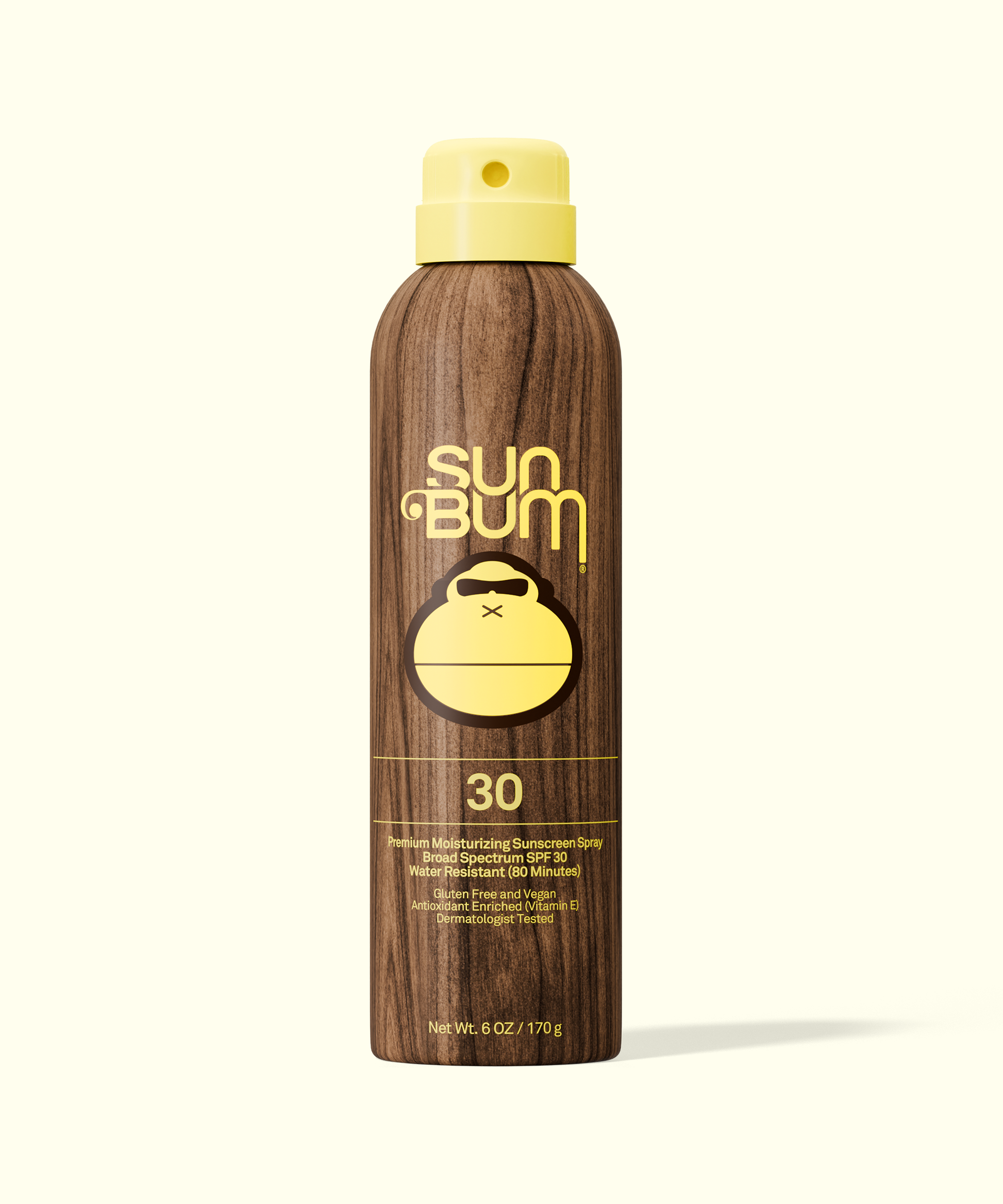 Sun Bum Original SPF 30 moisturizing sunscreen spray in a wood-patterned bottle with yellow cap