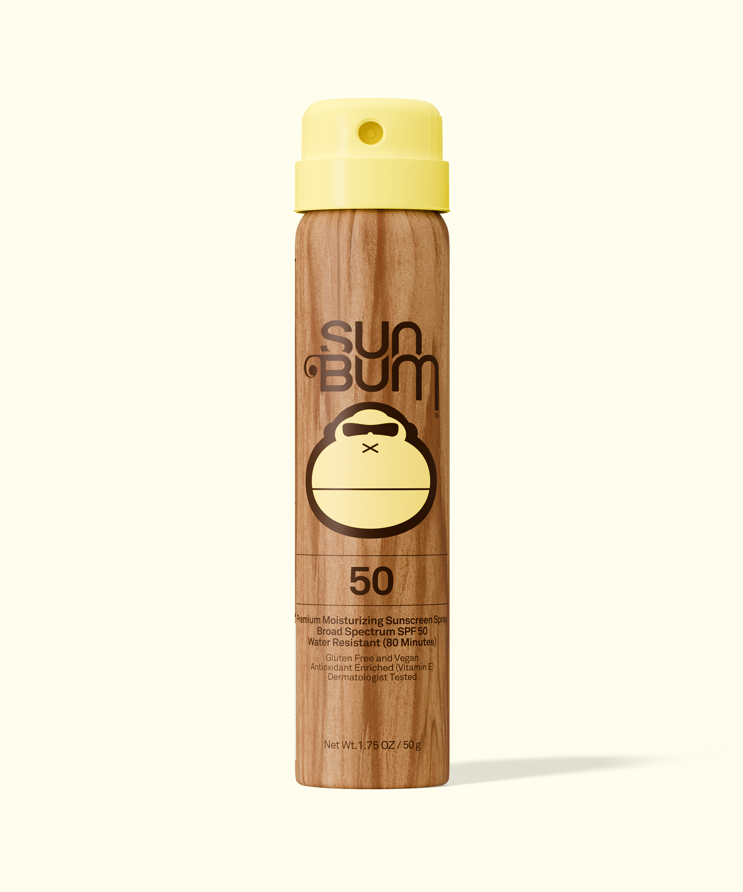 Sun Bum Original SPF 50 Sunscreen Spray in a wood-grain bottle with yellow spray cap against a light background