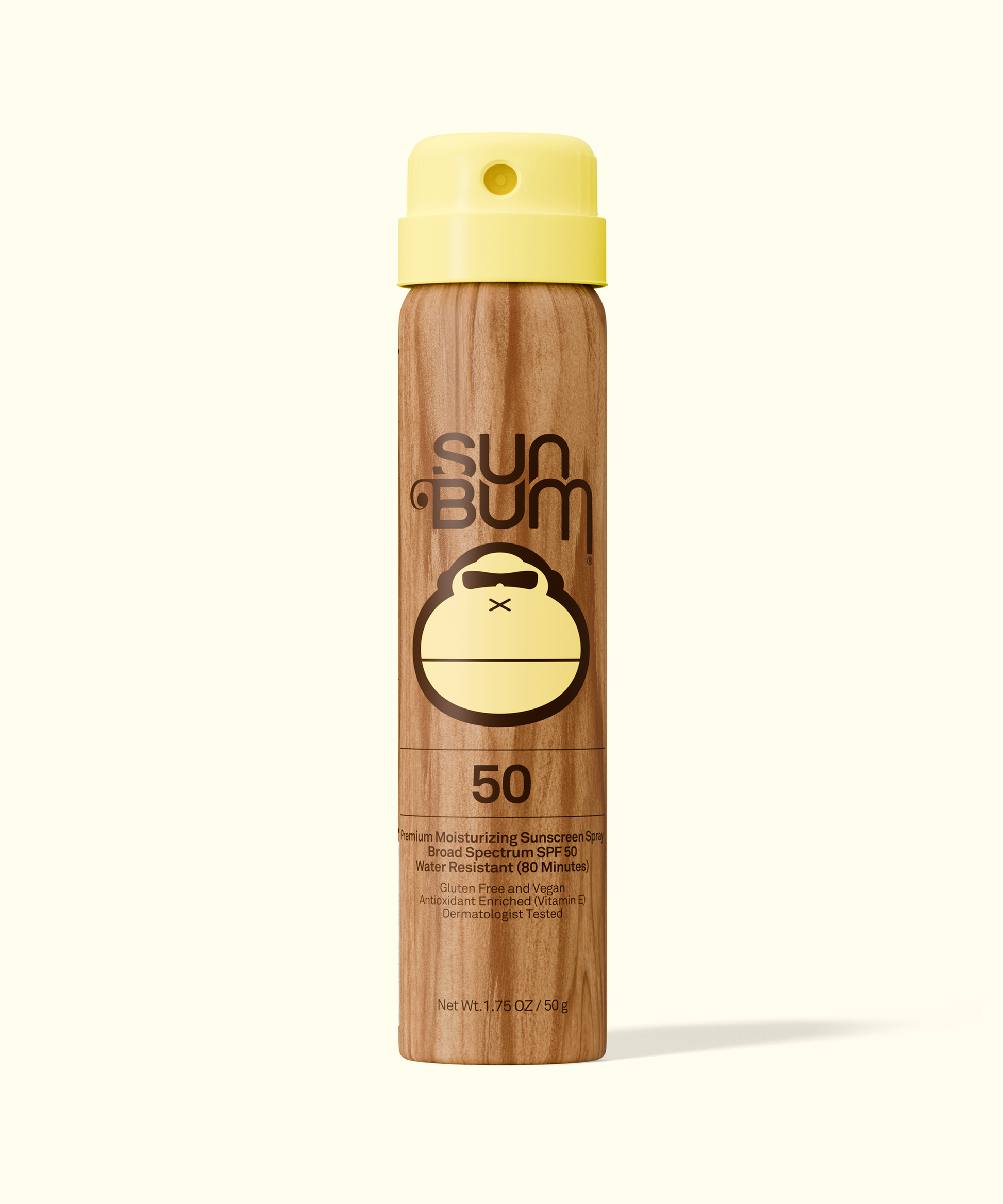 Sun Bum Original SPF 50 Sunscreen Spray in a wood-grain bottle with yellow spray cap against a light background