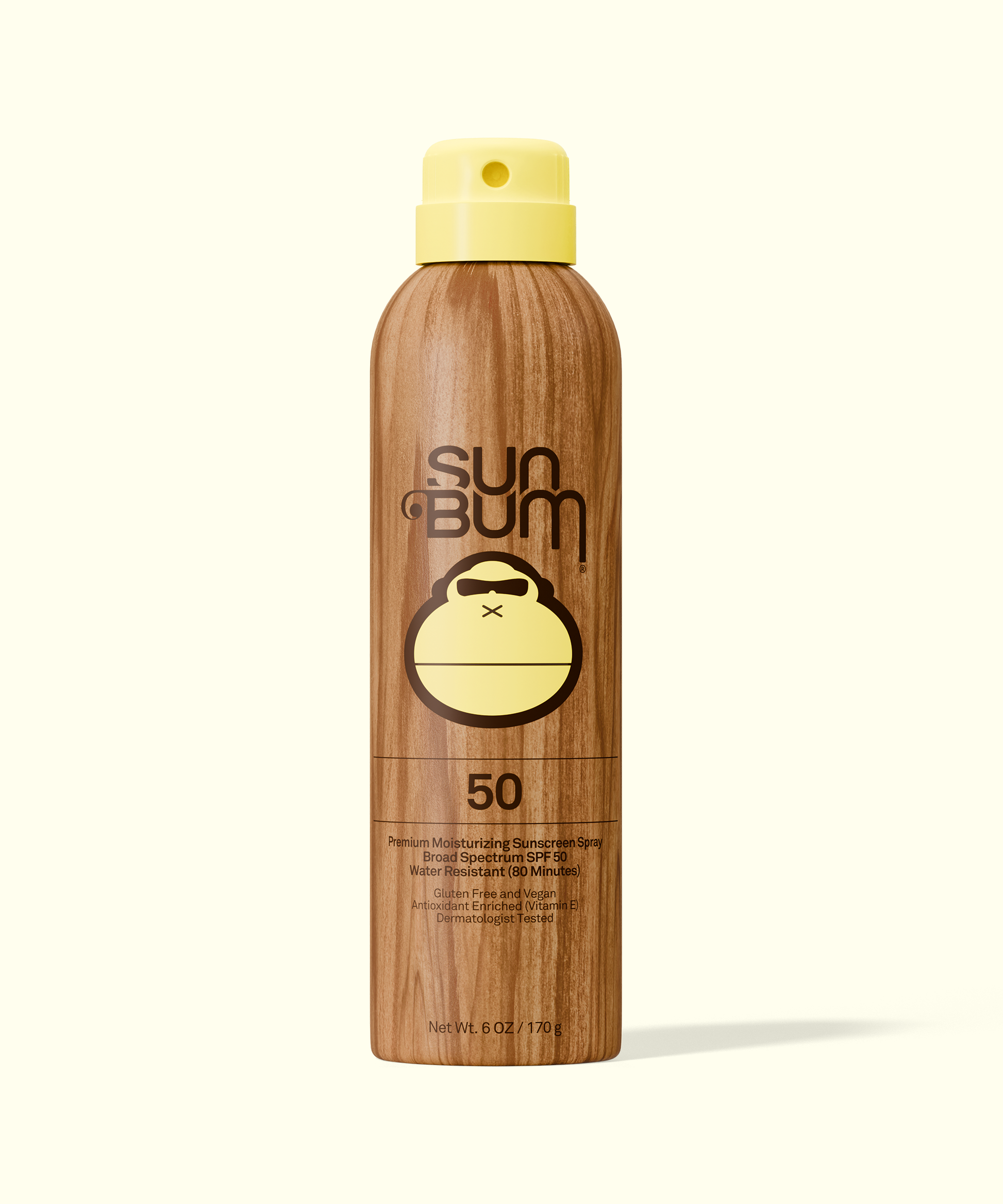 Wooden sunscreen bottle with yellow cap and 'Sun Bum' branding on a white background