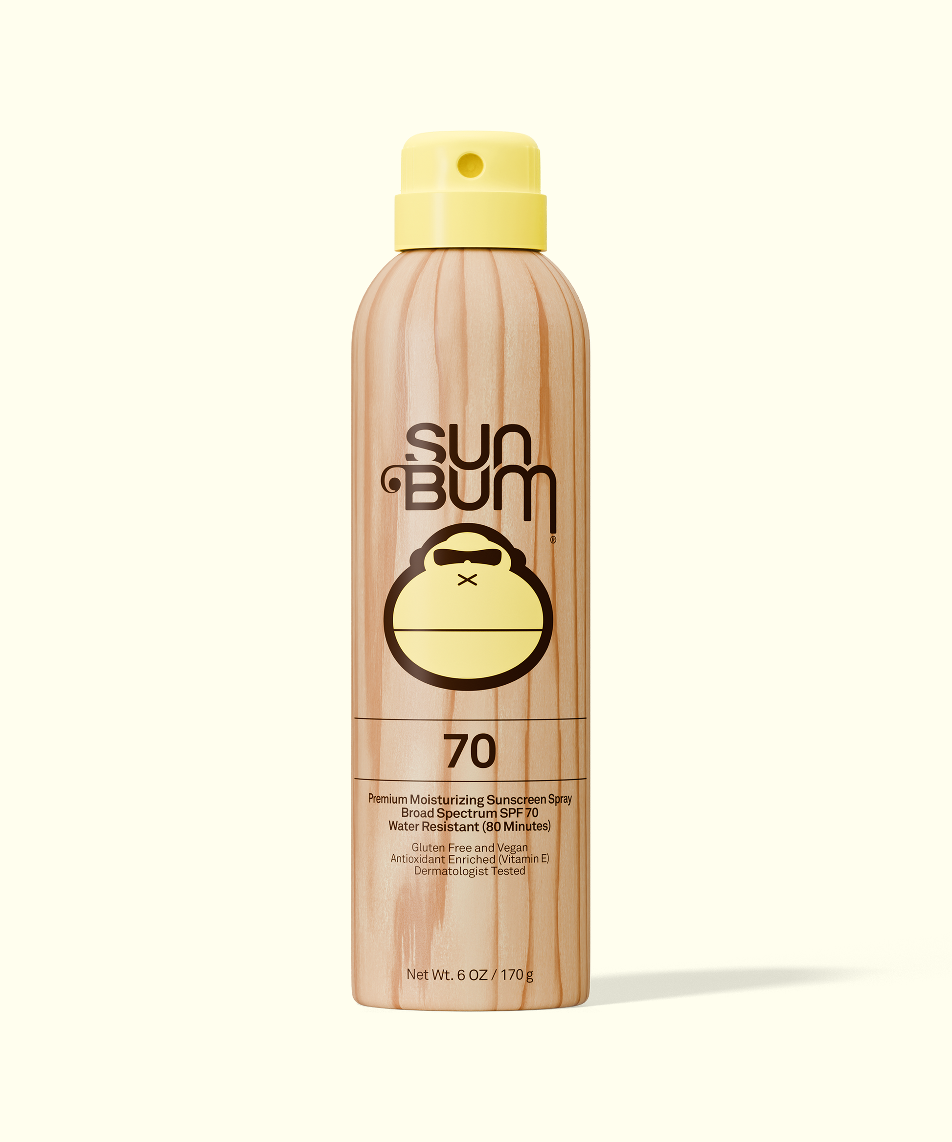 Sun Bum Original sunscreen spray SPF 70 in a wood-textured bottle with yellow spray cap