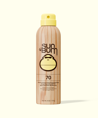 Sun Bum Original sunscreen spray SPF 70 in a wood-textured bottle with yellow spray cap